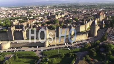 Carcassonne, The Ancient City And Fortress, Aude, Languedoc-Roussillon, France - Video Drone Footage
