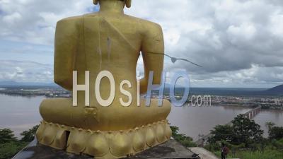 Golden Buddha At Phu Salao Temple And Mekong River - Video Drone Footage