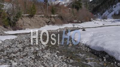 Mountain Stream In The Winter In The French Alps, France – Aerial Video Drone Footage 