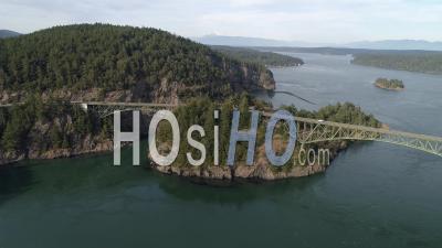 World Famous Landmark Bridge On The Pacific Ocean Coastline Of America. Deception Pass Washington Usa - Video Drone Footage