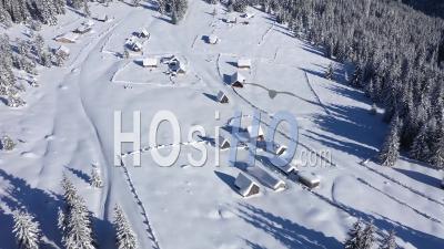  Snow Covered Remote Village, Homestead In The Mountains - Video Drone Footage