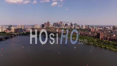 Flying Low Over Charles River Towards Beacon Hill. Boston Massachusetts - Video Drone Footage