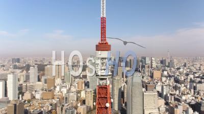 Japan Tokyo Aerial Flying Low Around Tokyo Tower With Cityscape Views - Video Drone Footage