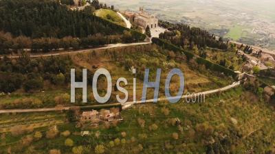 Aerial Footage Basilica Di Santa Margherita And Medici Fortress Of Girifalco At Cortona In Tuscany, Italy - Video Drone Footage