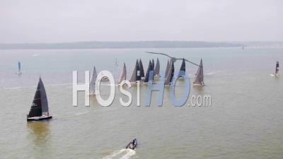 Crews Compete In The Fast 40 Sailing Races On The Solent In The Uk. The 40 Foot Racing Yachts Use The Skill Of The Crew To Race Throughout The Day. - Video Drone Footage