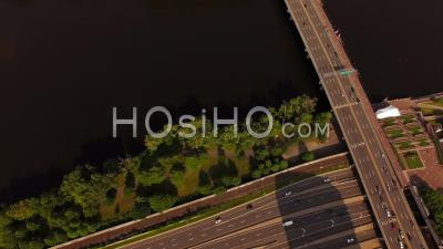 Flying Low Over Downtown Hartford Connecticut Freeway - Video Drone Footage