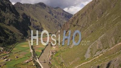 Village Of Ollantaytambo Peru In Sacred Valley On The Urubamba River - Video Drone Footage