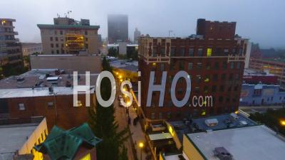 Downtown Asheville North Carolina At Sunrise In Morning Mist - Video Drone Footage