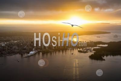 Sunset Over Downtown Vancouver And English Bay Bc Canada - Aerial Photography