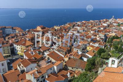 Panorama View At Central Part Of Piran Town In Southwestern Slovenia - Aerial Photography
