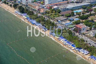 Crowded Holiday Tourist Beachs With Umbrellas Thailand - Aerial Photography
