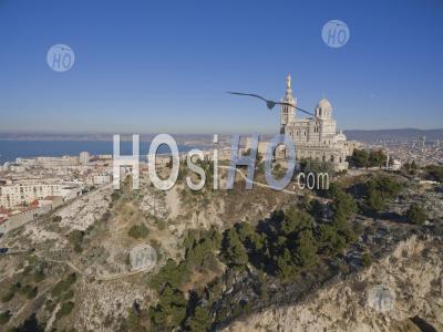 Notre-Dame-De-La-Garde Overlooking Marseilles, Seen By Drone - Aerial Photography
