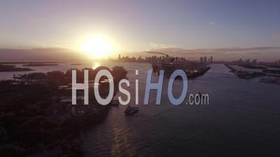 Miami Downtown Skyline Sunset With Ocean In Front - Video Drone Footage
