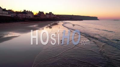 Arromanches Les Bains At Sunset, Calvados, Normandy - Video Drone Footage