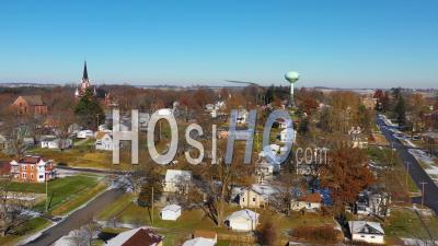 Aerial Video Drone Footage Over A Small Town In America In Winter Snow, Riverside, Iowa