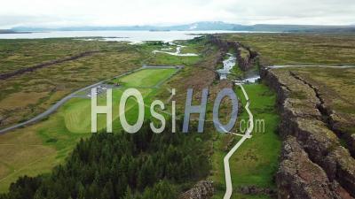 Aerial View Of The Mid Atlantic Ridge Running Through Thingvellir, Iceland - Video Drone Footage