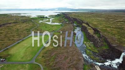 Aerial View Of The Mid Atlantic Ridge Running Through Thingvellir, Iceland - Video Drone Footage