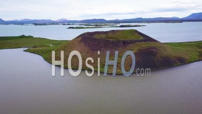 Aerial View Over Volcanic Cones In Lake Myvatn, Iceland - Video Drone Footage