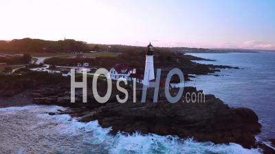 Aerial View Over The Portland Head Lighthouse Suggests Americana Or Beautiful New England Scenery - Video Drone Footage