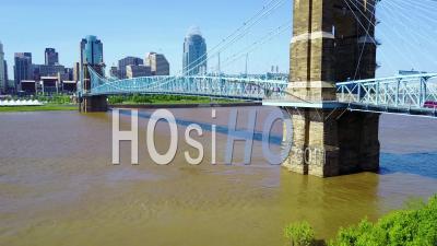Aerial View Of Cincinnati Ohio With Bridge Crossing The Ohio River - Video Drone Footage