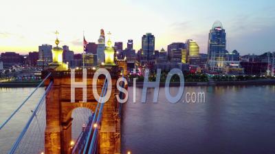 Aerial View Of Cincinnati Ohio With Bridge Crossing The Ohio River Foreground - Video Drone Footage