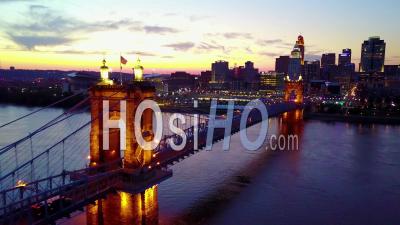 Aerial View Of Cincinnati Ohio With Bridge Crossing The Ohio River Foreground - Video Drone Footage