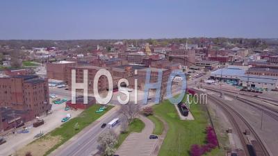 Aerial View Over Small Town America Burlington Iowa Downtown - Video Drone Footage