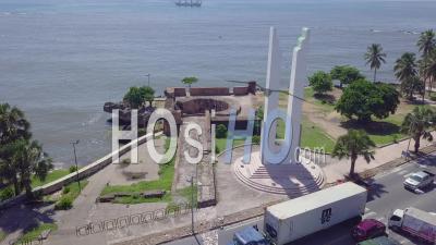 Aerial View Over Statue And Ocean In Santo Domingo, Dominican Republic - Video Drone Footage