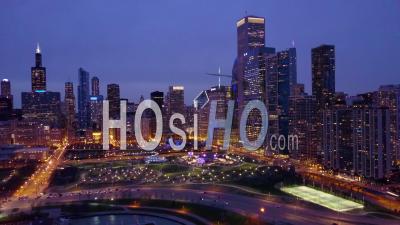 Aerial View Of Chicago Illinois Downtown City At Night - Video Drone Footage