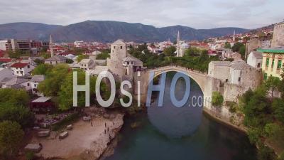 Aerial View Of The Famous Stari Most Bridge In Mostar, Bosnia Herzegovina - Video Drone Footage