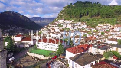 Aerial View Of Ancient Houses On The Hillside In Berat, Albania - Video Drone Footage