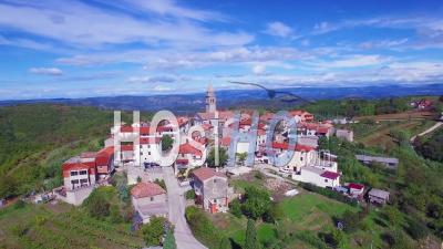 Aerial View Of A Small Croatian Or Italian Hill Town Or Village - Video Drone Footage