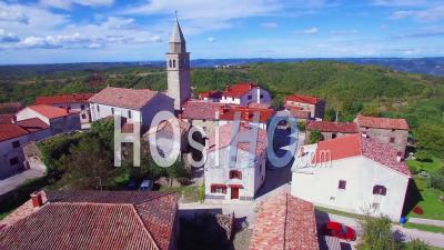 Aerial View Of A Small Croatian Or Italian Hill Town Or Village - Video Drone Footage