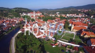 Aerial View Above Cesky Krumlov, A Lovely Small Bohemian Village In The Czech Republic - Video Drone Footage