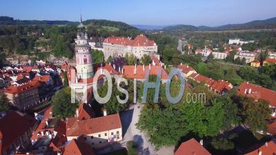 Aerial View Above Cesky Krumlov, A Lovely Small Bohemian Village In The Czech Republic - Video Drone Footage