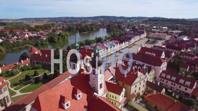 Aerial View Over The Quaint Village Of Telc In The Czech Republic - Video Drone Footage