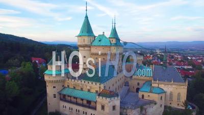 Aerial View Of The Romantic Bojnice Castle In Slovakia At Dusk - Video Drone Footage