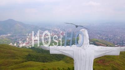 Aerial View Around The Cristo Rey Statue In Cali, Colombia - Video Drone Footage
