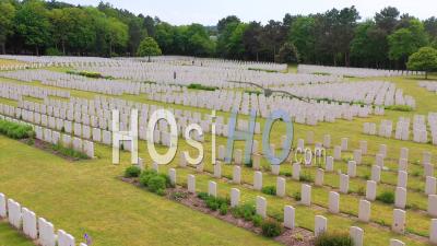 Aerial View Over Headstones Of The Etaples France World War Cemetery, Military Graveyard And Headstones Of Soldiers - Video Drone Footage