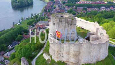 Aerial View Over A Ruined Fort Or Chateau On A Hilltop Overlooking The Seine River In Les Andelys, France - Video Drone Footage