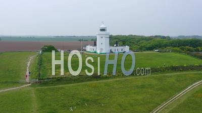 Aerial View Of The South Foreland Lighthouse And The Cliffs Of Dover Overlooking The English Channel - Video Drone Footage