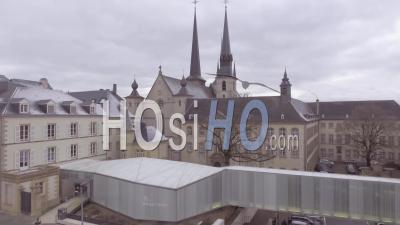 Aerial View Over Church And Cityscape Of Downtown Luxembourg City - Video Drone Footage