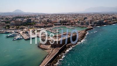 Aerial View Of Heraklion, Koules, Rocca A Mare Fortress, Irkalio, Crete, Greece - Video Drone Footage