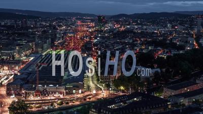 Establishing Aerial View Of Zurich At Night, Switzerland - Video Drone Footage