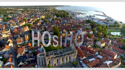 Aerial, Visby Skyline With Harbor In Background, Sweden - Video Drone Footage