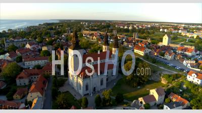 Aerial View, St Maria Cathedral During Sunset In The City Of Visby, Sweden - Video Drone Footage