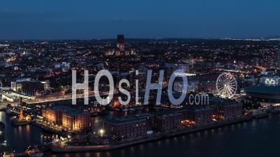 Aerial View Of Liverpool At Night, Royal Albert Dock, United Kingdom - Video Drone Footage