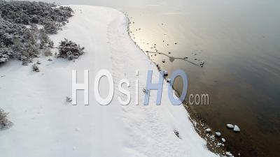 Côtes Couvertes De Neige Avec Océan Calme, Suède - Vidéo Drone