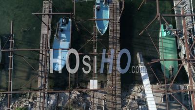 Aerial View Of The Oyster Farm In Bouzigues (pond Of Thau), Filmed By Drone In Summer