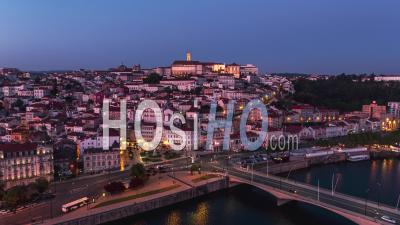 Establishing Aerial View Of Coimbra At Night, Coimbra Skyline, Portugal - Video Drone Footage